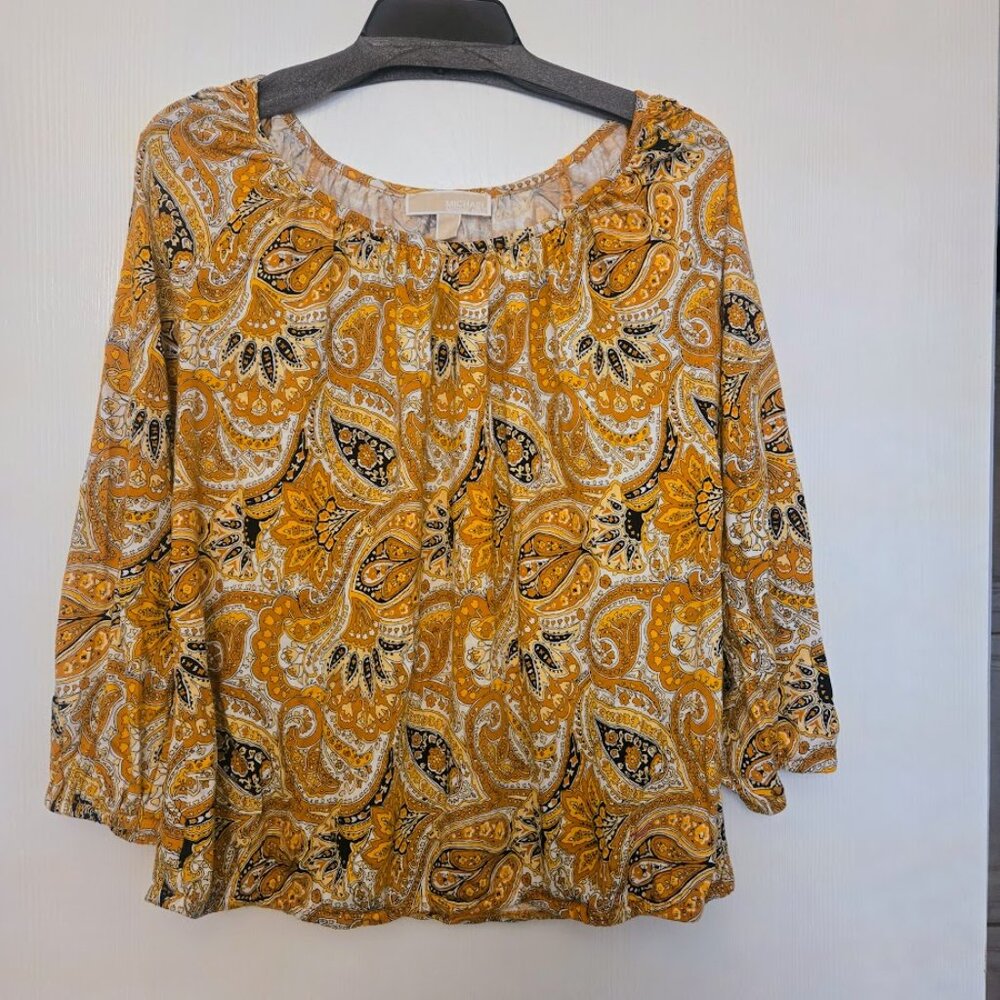 Michael Kors mustard yellow paisley 3/4‎ sleeve top Size L NWOT